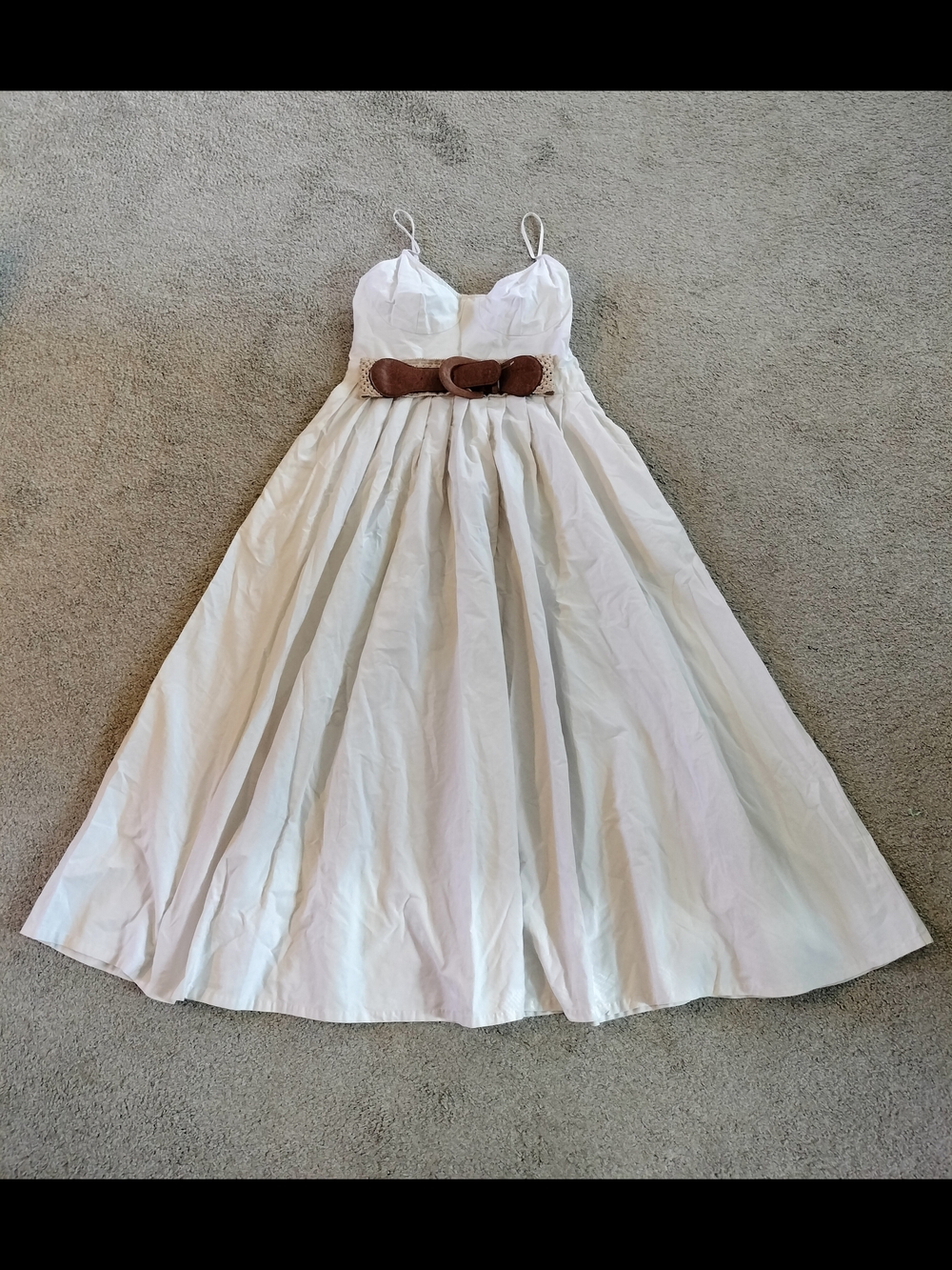 White Midi Spaghetti-Strap Dress with Brown Belt